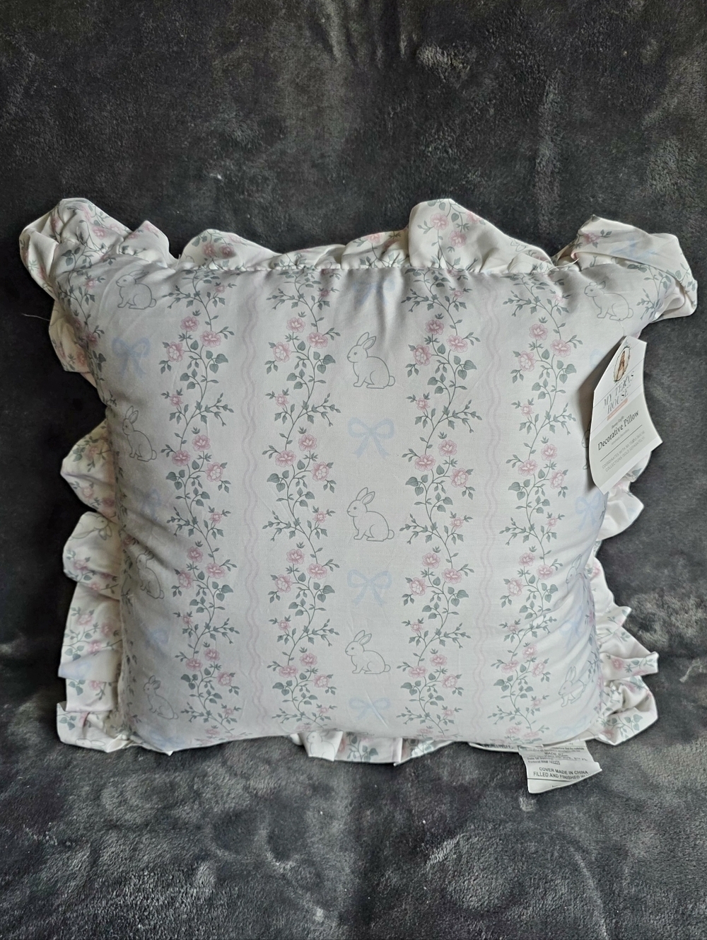 My Texas House 18"x 18" Easter White Bunny blue bow Ruffle Decorative Pillow NWT - Picture 1 of 6
